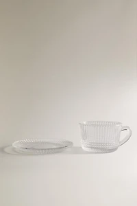 GLASS TEACUP WITH RAISED GEOMETRIC DESIGN