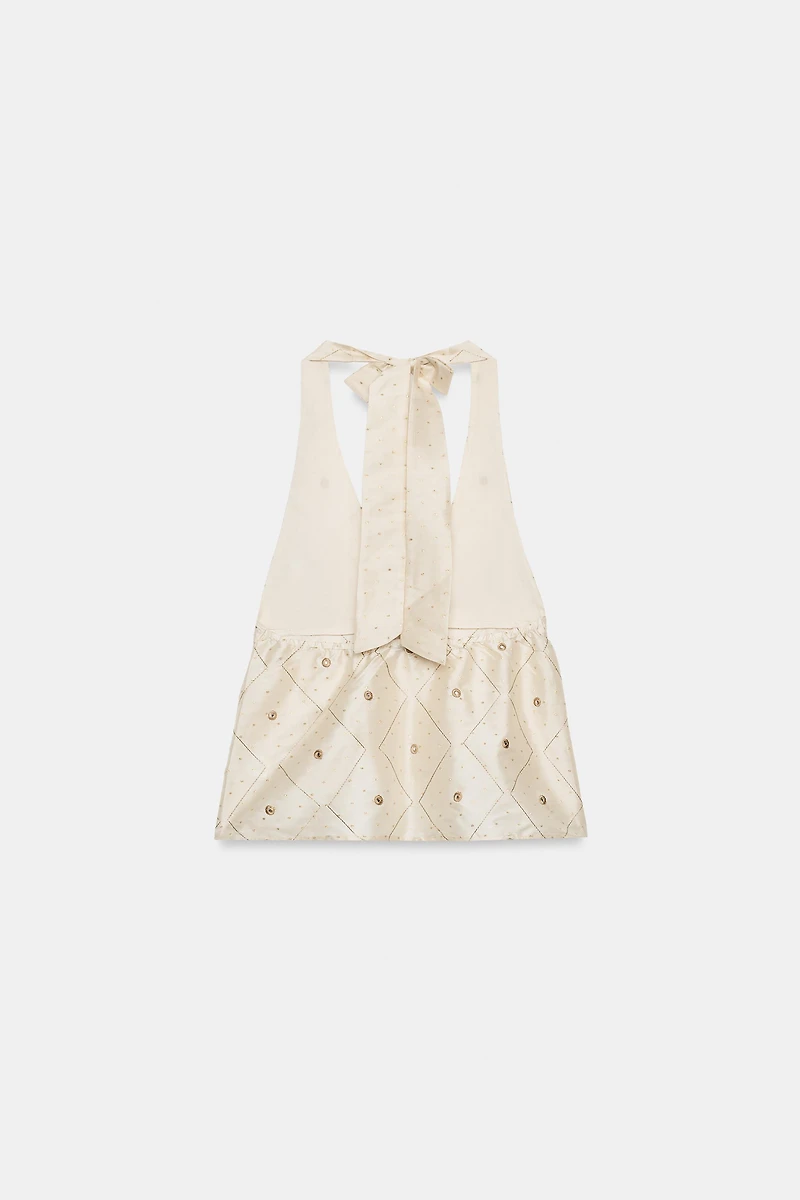 TOP EN TAFFETAS BRODERIES MIROIRS