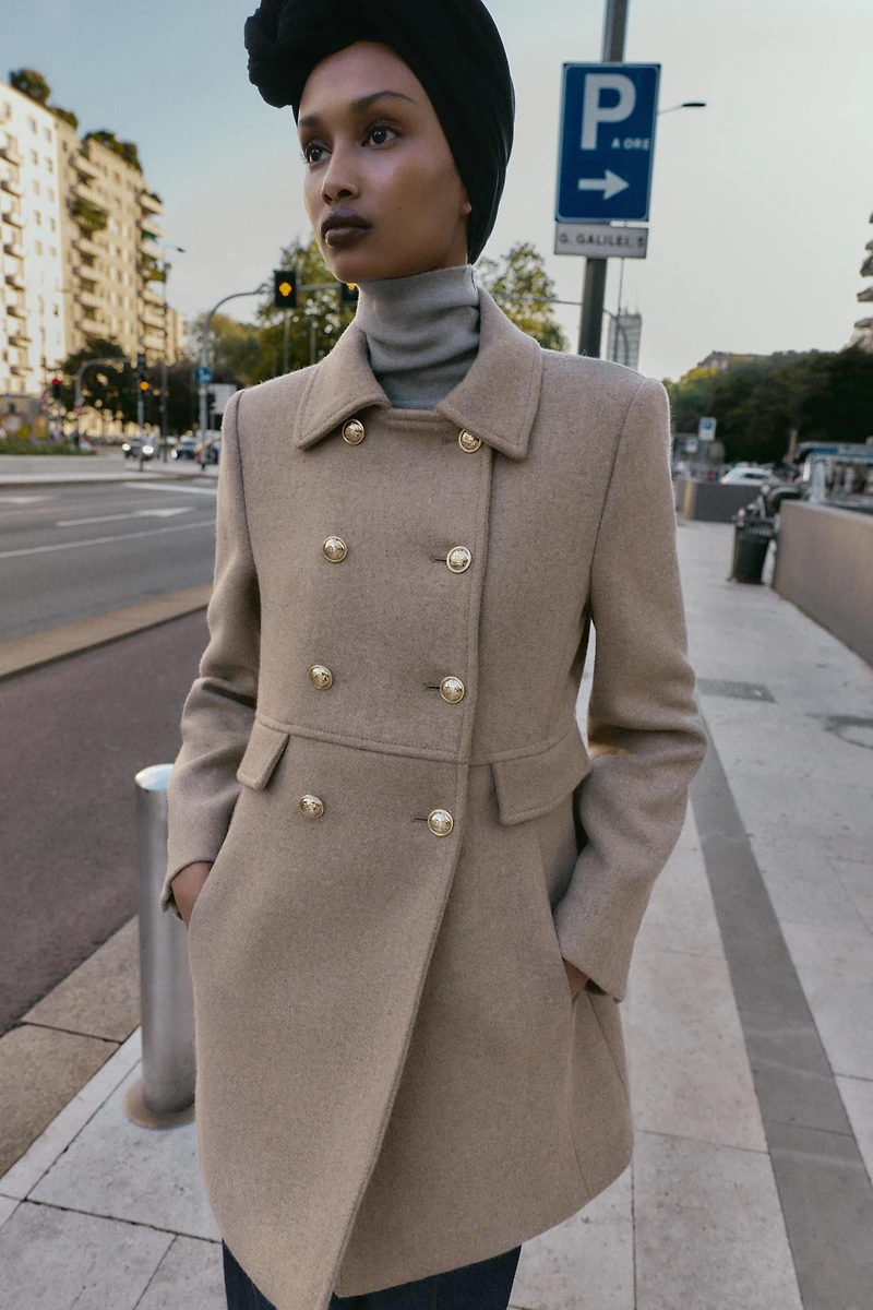 WOOL BLEND DOUBLE BREASTED SHORT COAT