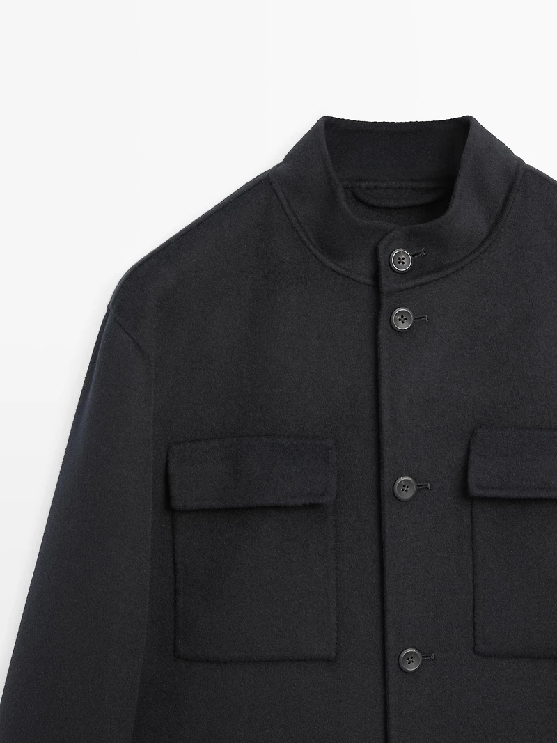 Double wool blend jacket with stand collar