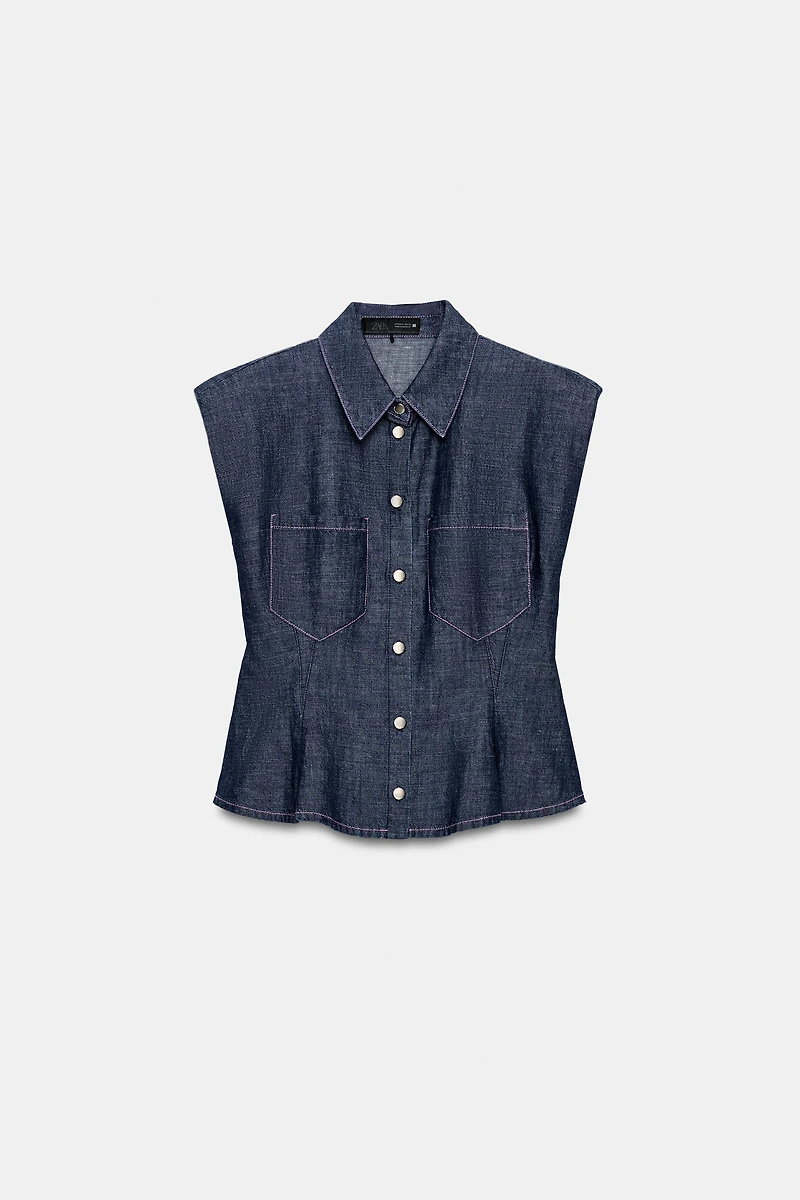 LINEN BLEND PEPLUM SHIRT WITH SHOULDER PADS