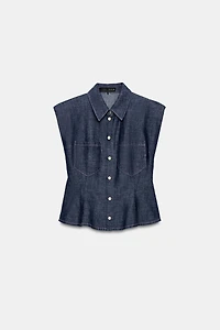 LINEN BLEND PEPLUM SHIRT WITH SHOULDER PADS