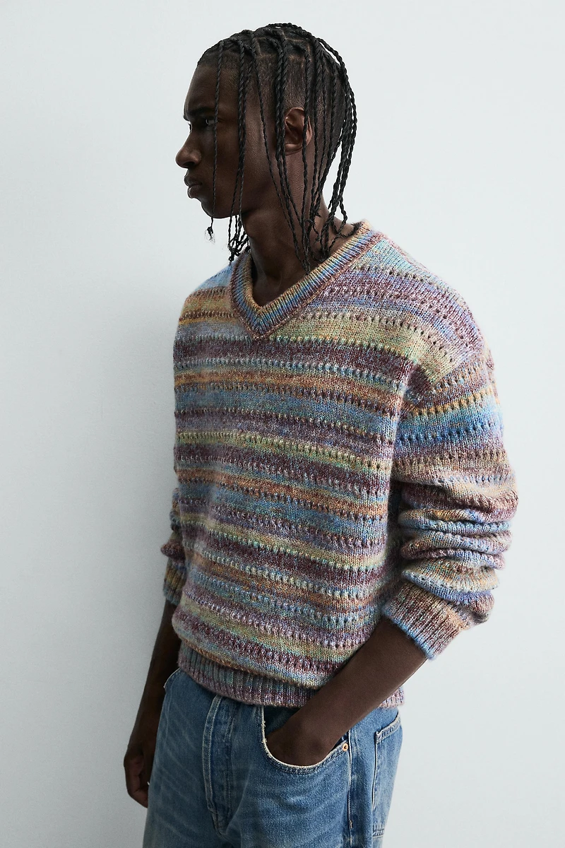 STRIPED OPEN-KNIT SWEATER