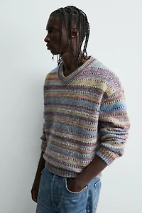 STRIPED OPEN-KNIT SWEATER