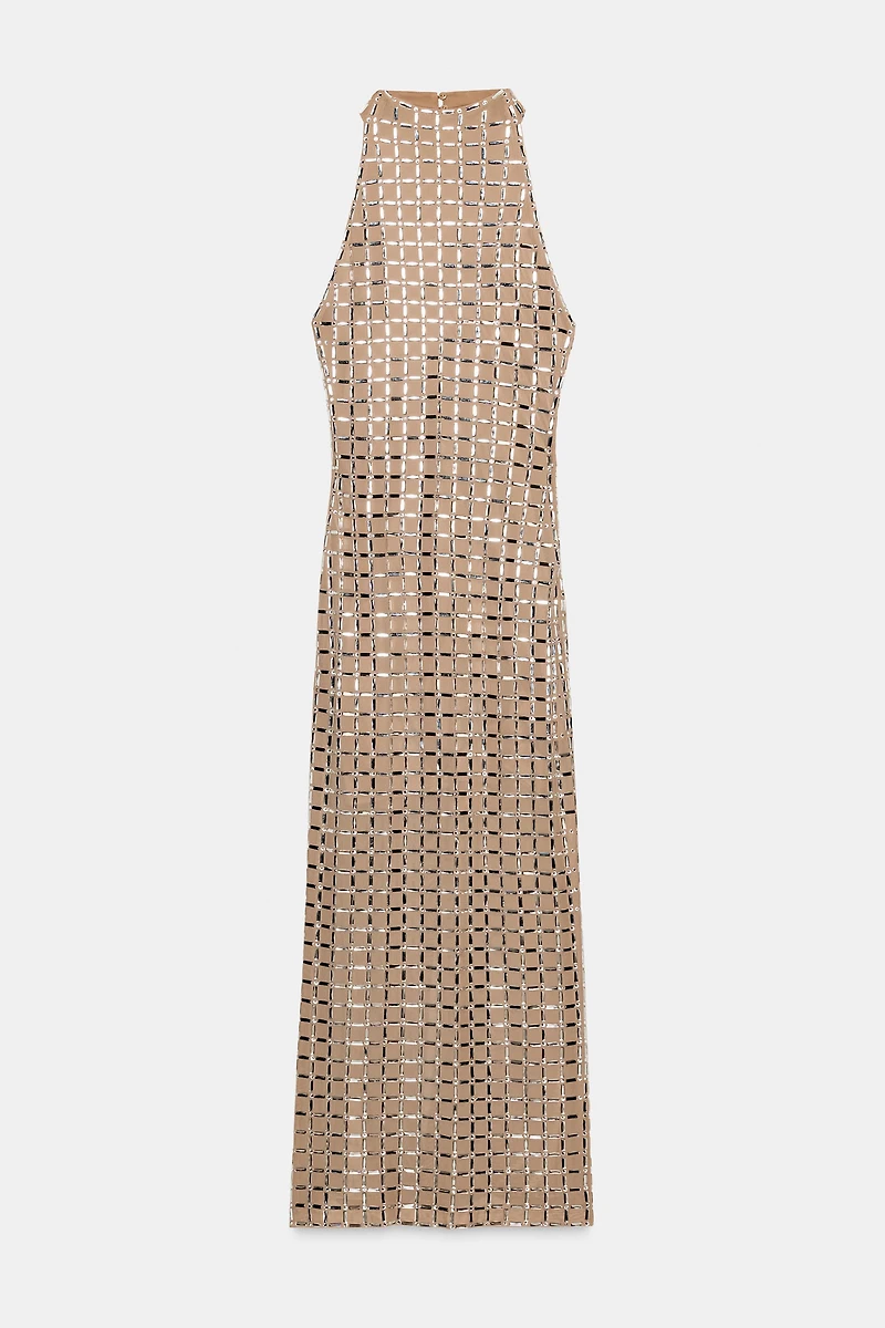 SPARKLY MESH HALTER MIDI DRESS