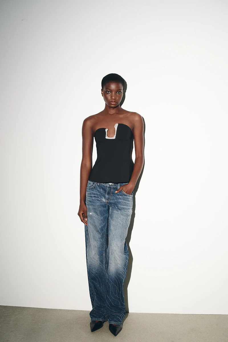 JEAN TRF WIDE LEG TAILLE BASSE STRASS