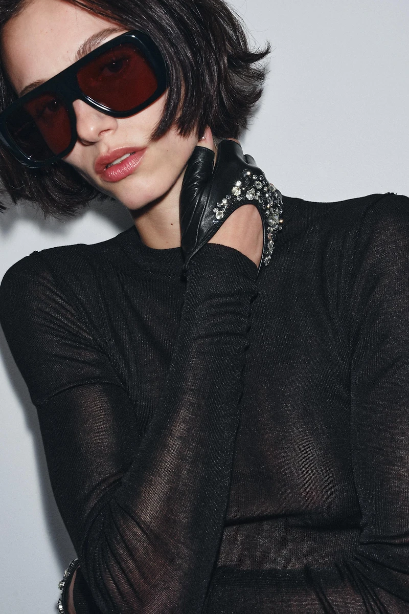 JEWEL LEATHER MITTEN GLOVES