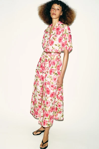 BELTED FLORAL PRINT MIDI DRESS