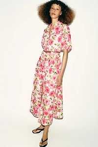 BELTED FLORAL PRINT MIDI DRESS