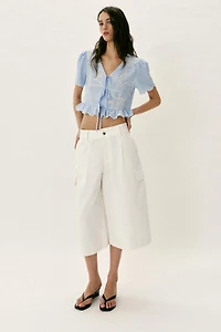 PERFORATED EMBROIDERED TIE BLOUSE