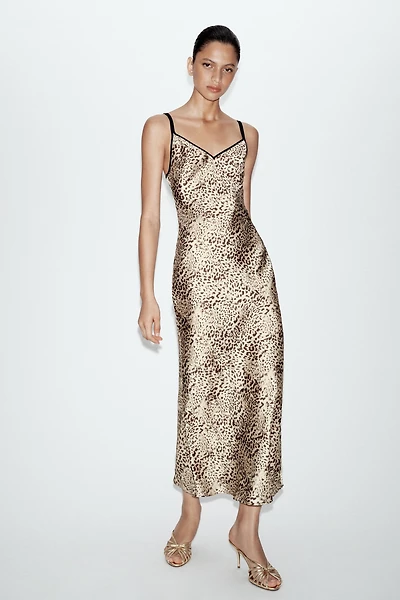 ANIMAL PRINT SATIN SLIP MIDI DRESS