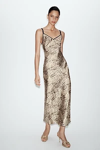 ANIMAL PRINT SATIN SLIP MIDI DRESS