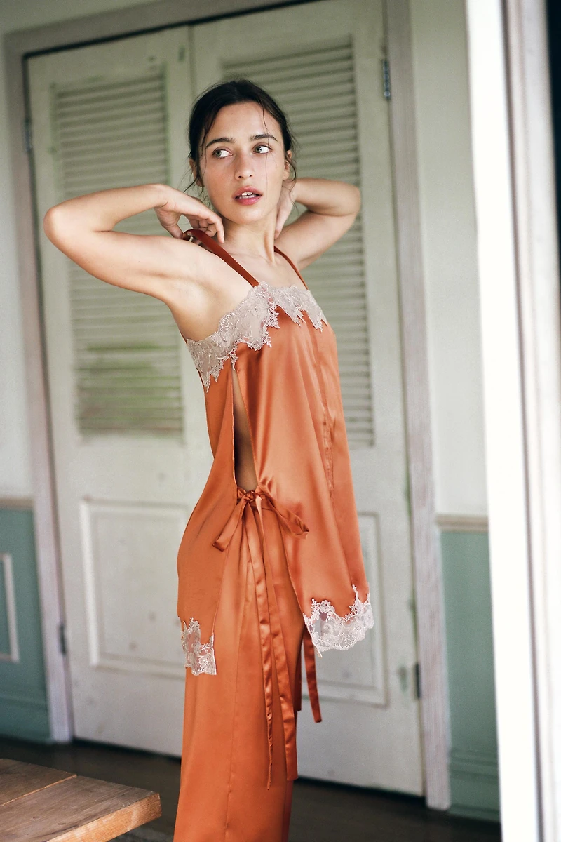 SATIN EFFECT EMBROIDERED TIE TOP