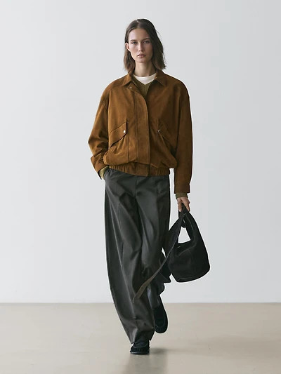 Suede leather bomber jacket with pockets