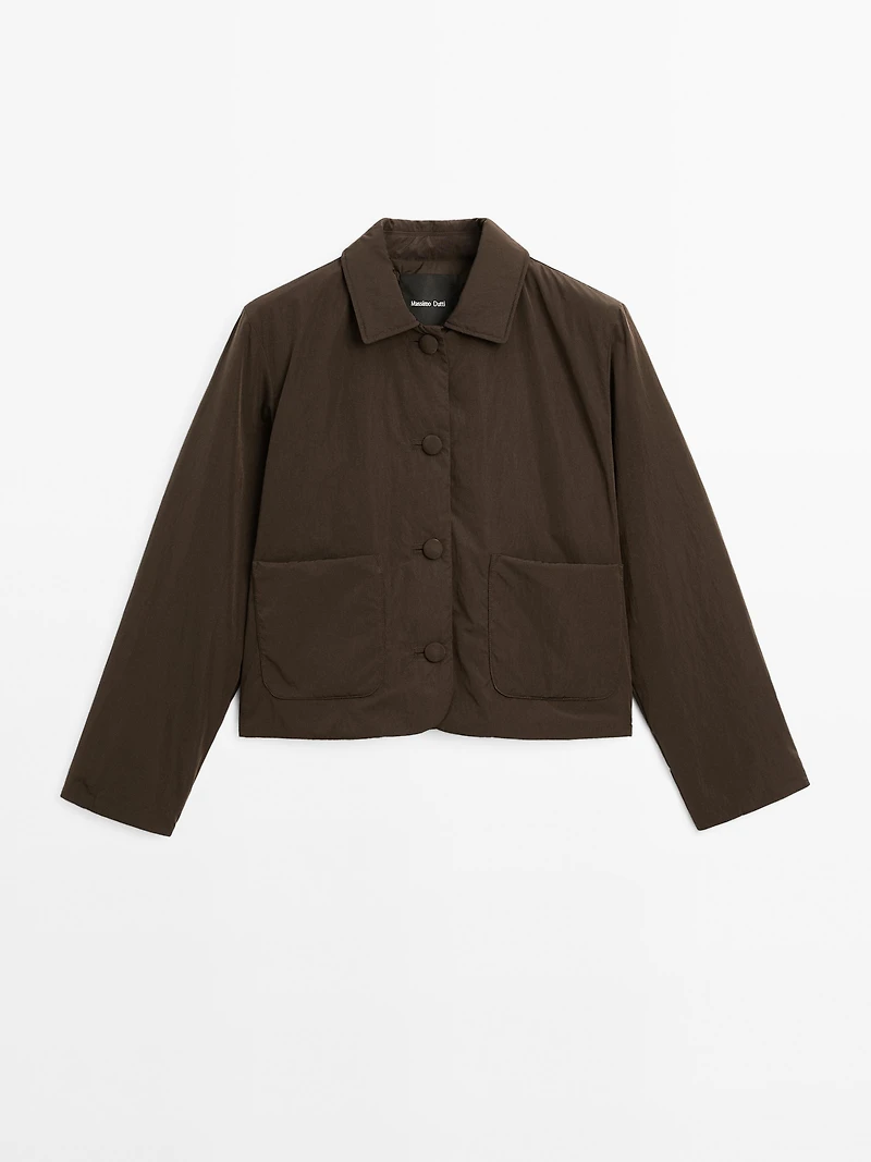 Cropped puffer jacket with covered buttons