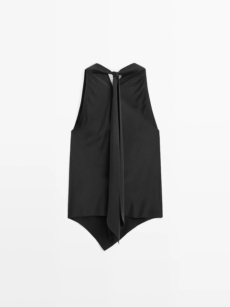 Silk blend top with cowl neck and tie