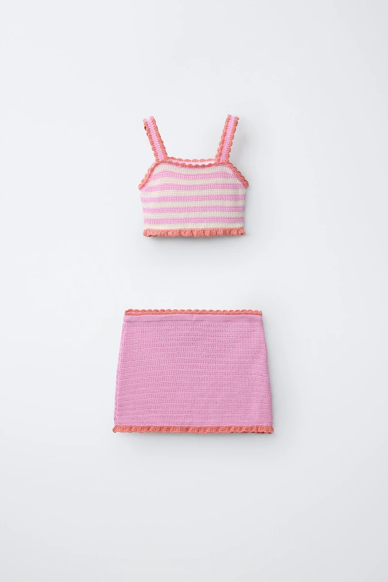 6-14 YEARS/ FRUIT & STRIPE CROCHET KNIT TOP PAREO SET