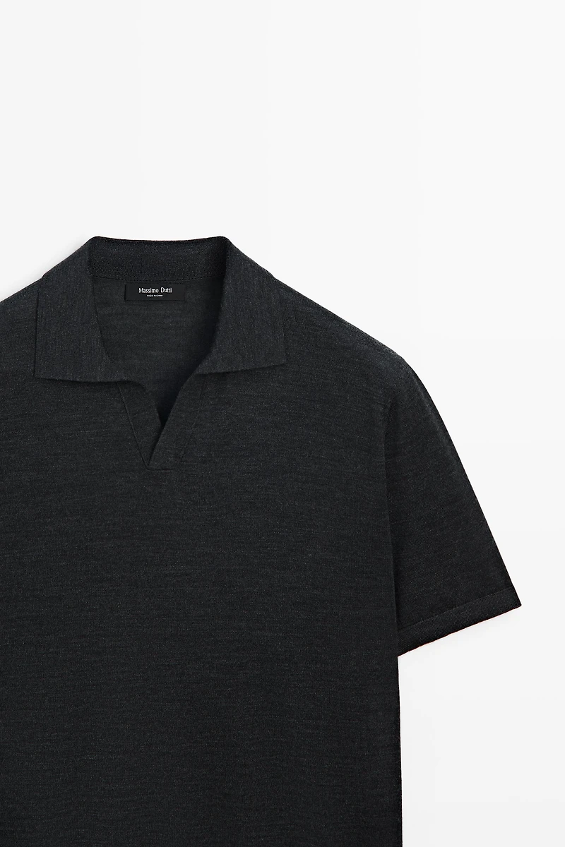 Short sleeve wool blend knit polo shirt