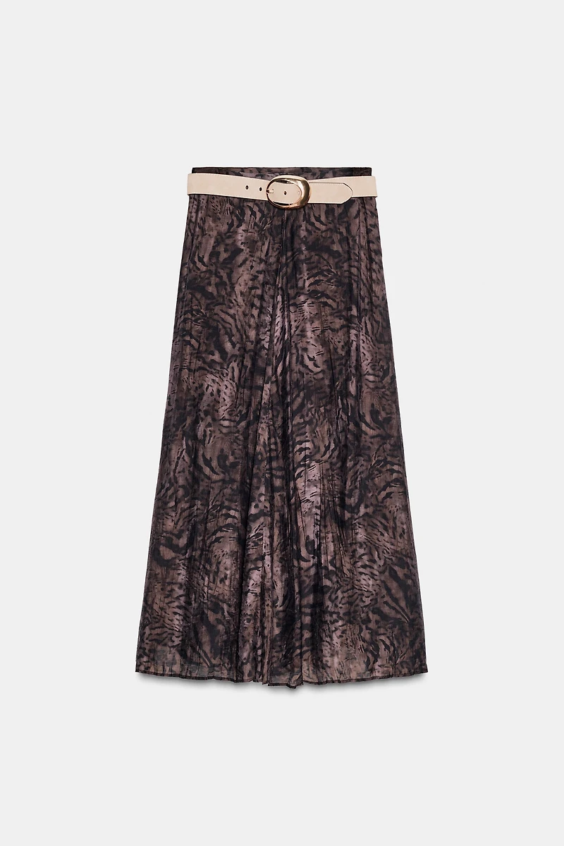 PRINTED BELTED MIDI SKIRT