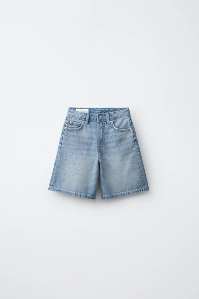 LONG DENIM BERMUDA SHORTS WITH RHINESTONES