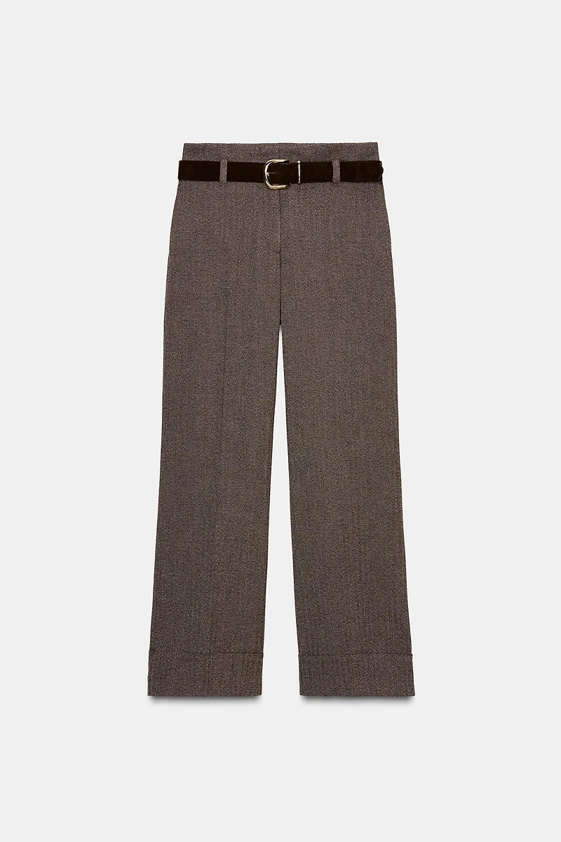 HERRINGBONE BELTED PANTS
