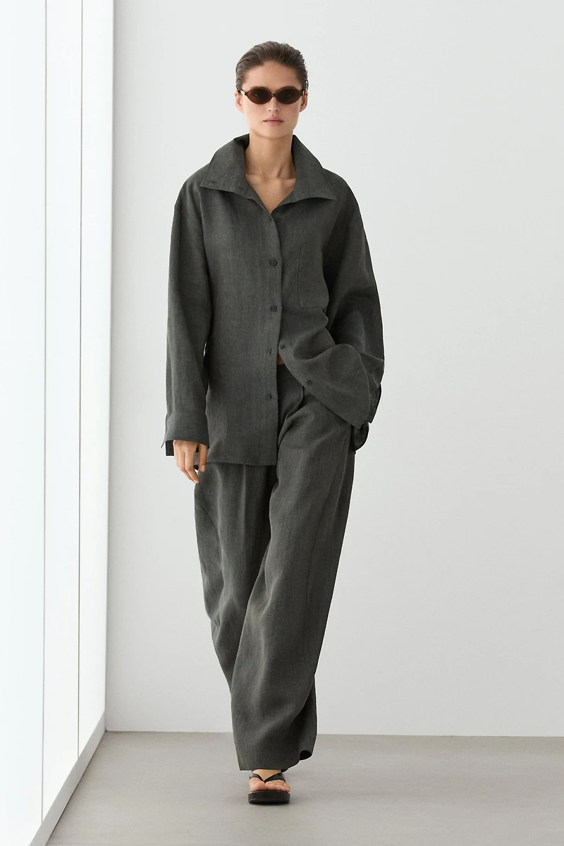 Melange linen overshirt with buckles