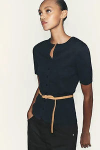 BELTED SHORT SLEEVE KNIT CARDIGAN