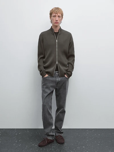 Cotton zip-up knit cardigan