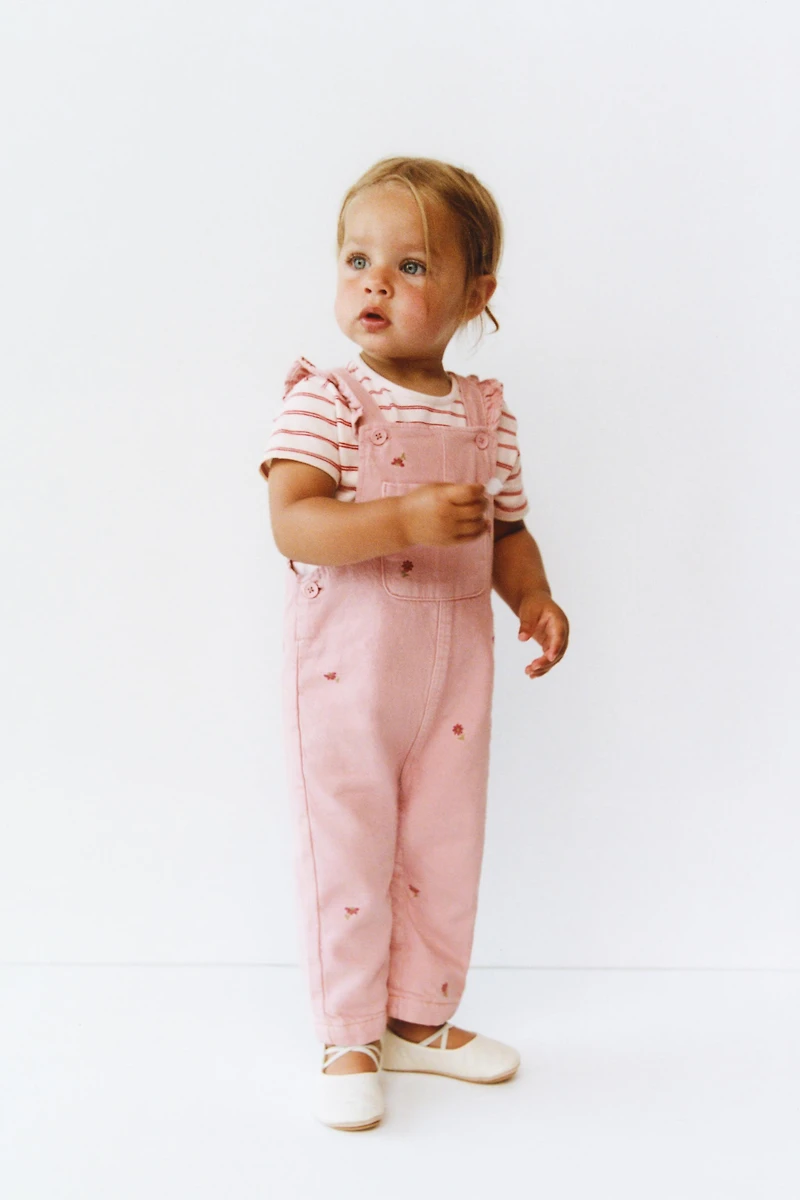 EMBROIDERED FLOWER TWILL OVERALLS