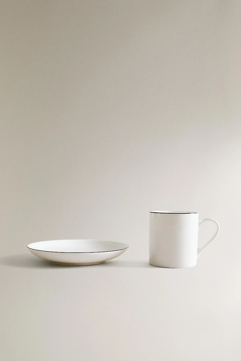 BONE CHINA COFFEE CUP AND SAUCER WITH BLACK RIM
