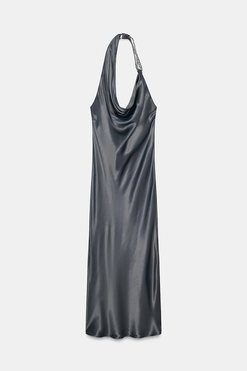 ASYMMETRICAL BEADED SATIN MIDI DRESS