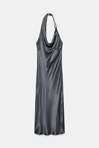 ASYMMETRICAL BEADED SATIN MIDI DRESS