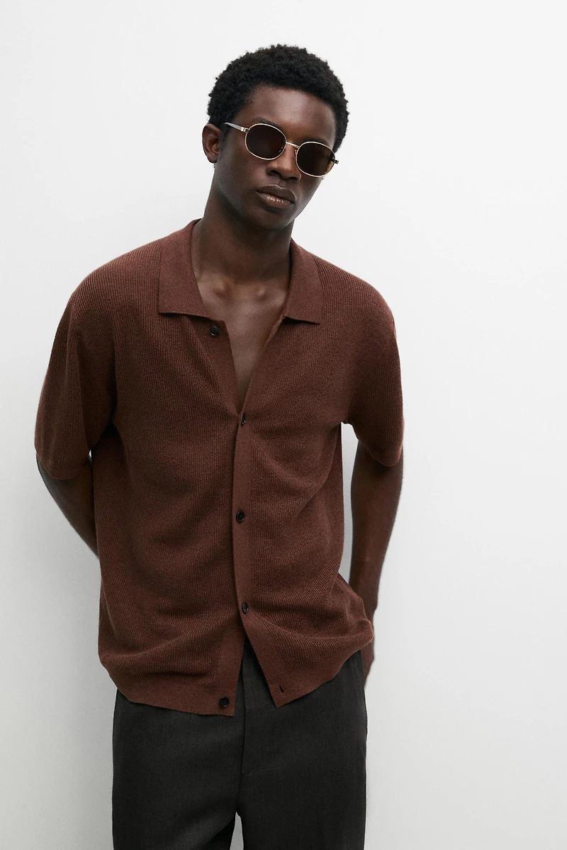 Linen blend knit shirt-collar polo