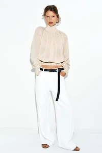 COMBINATION KNIT FLOWY BLOUSE