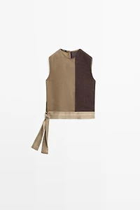 Linen-blend color-block flowing top