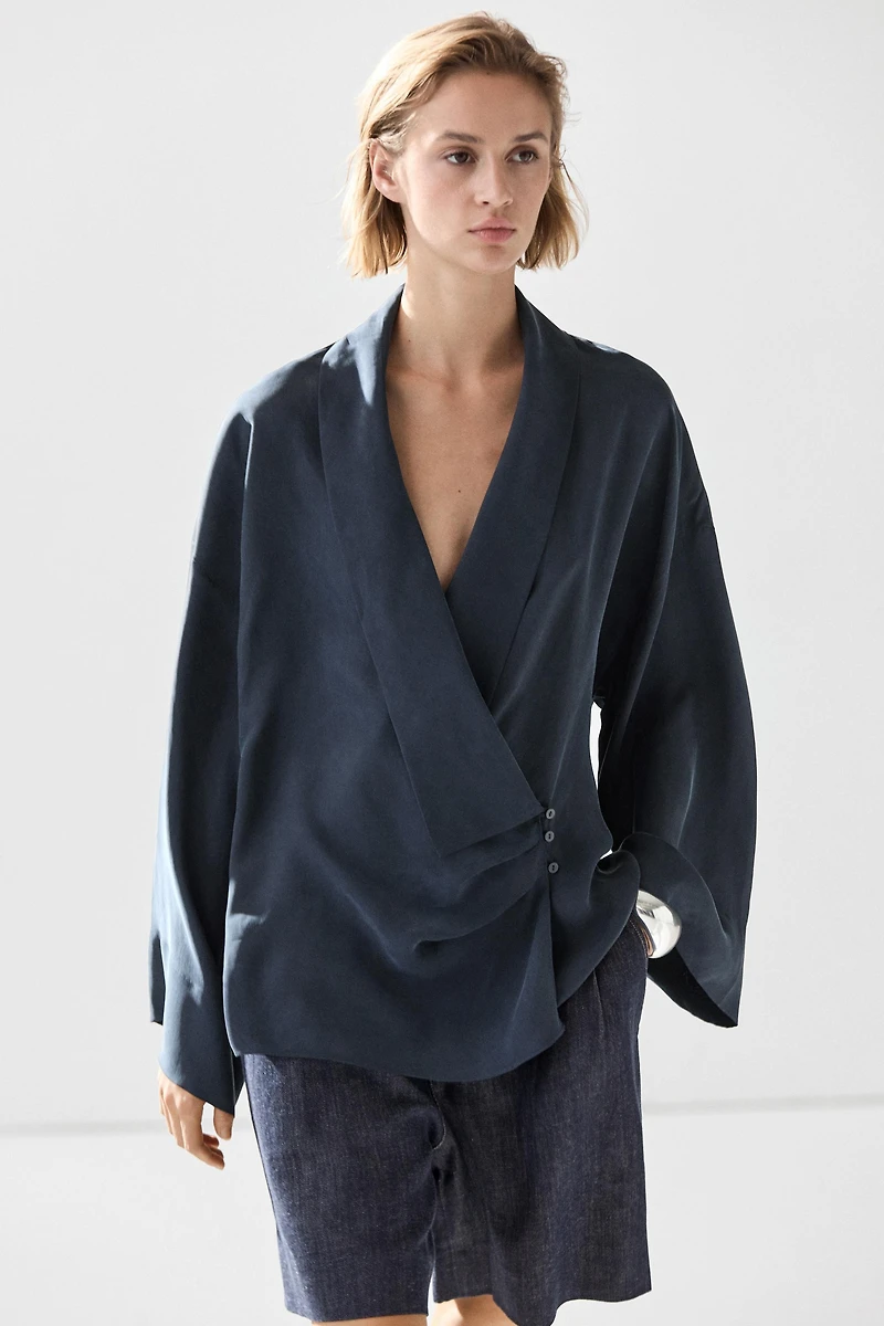 Flowing gathered wrap blouse