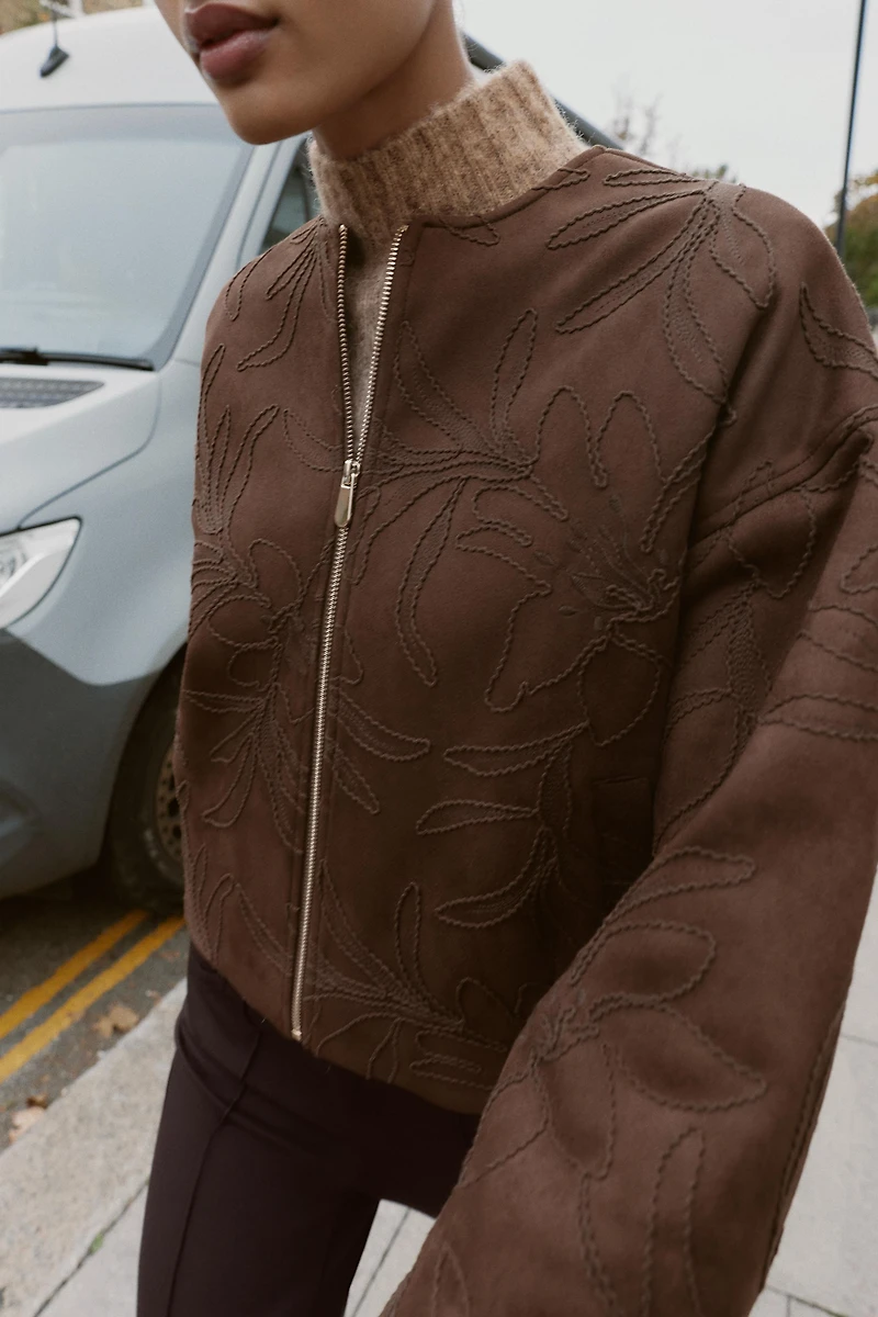 EMBROIDERED FAUX SUEDE BOMBER JACKET