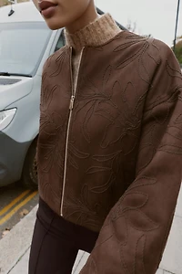 EMBROIDERED FAUX SUEDE BOMBER JACKET