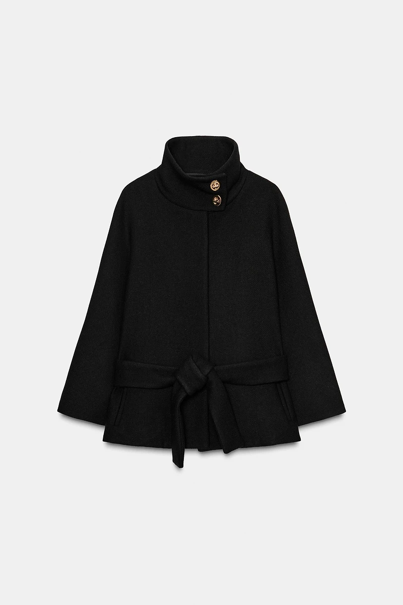 SHORT CAPE COAT WITH WOOL BELT