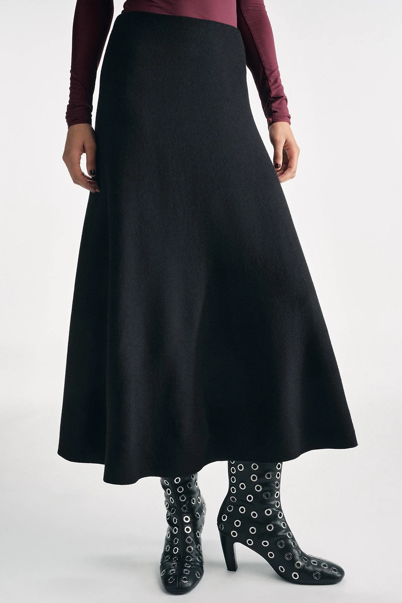 KNIT FLARED MIDI SKIRT