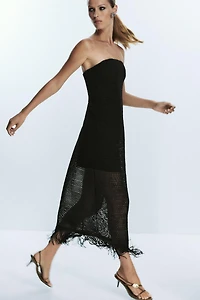 FRINGED STRAPLESS MIDI DRESS