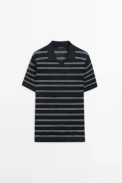 Polo col V à rayures 100 % lin