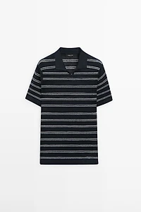 Polo col V à rayures 100 % lin