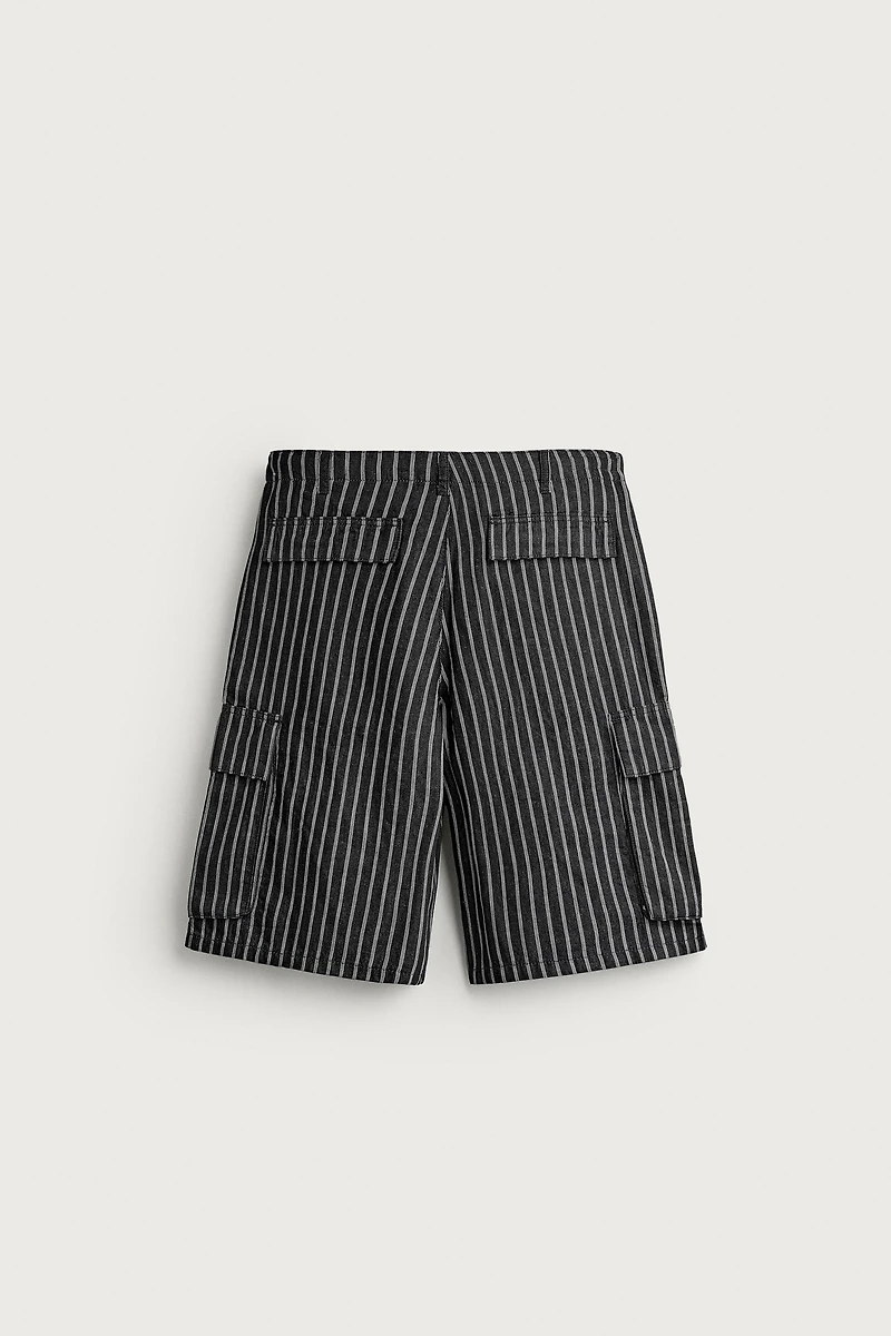 BERMUDA CARGO EN DENIM RAYÉ COTON-LIN