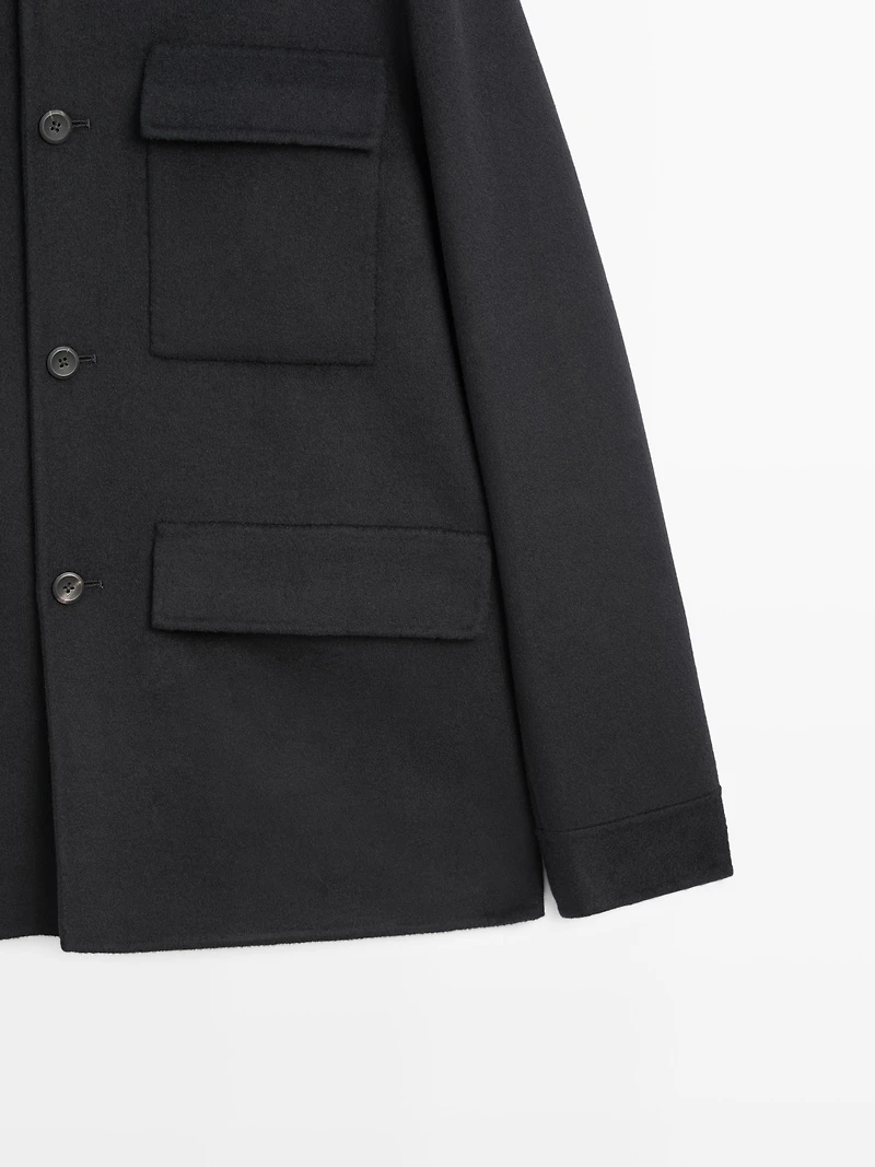 Double wool blend jacket with stand collar