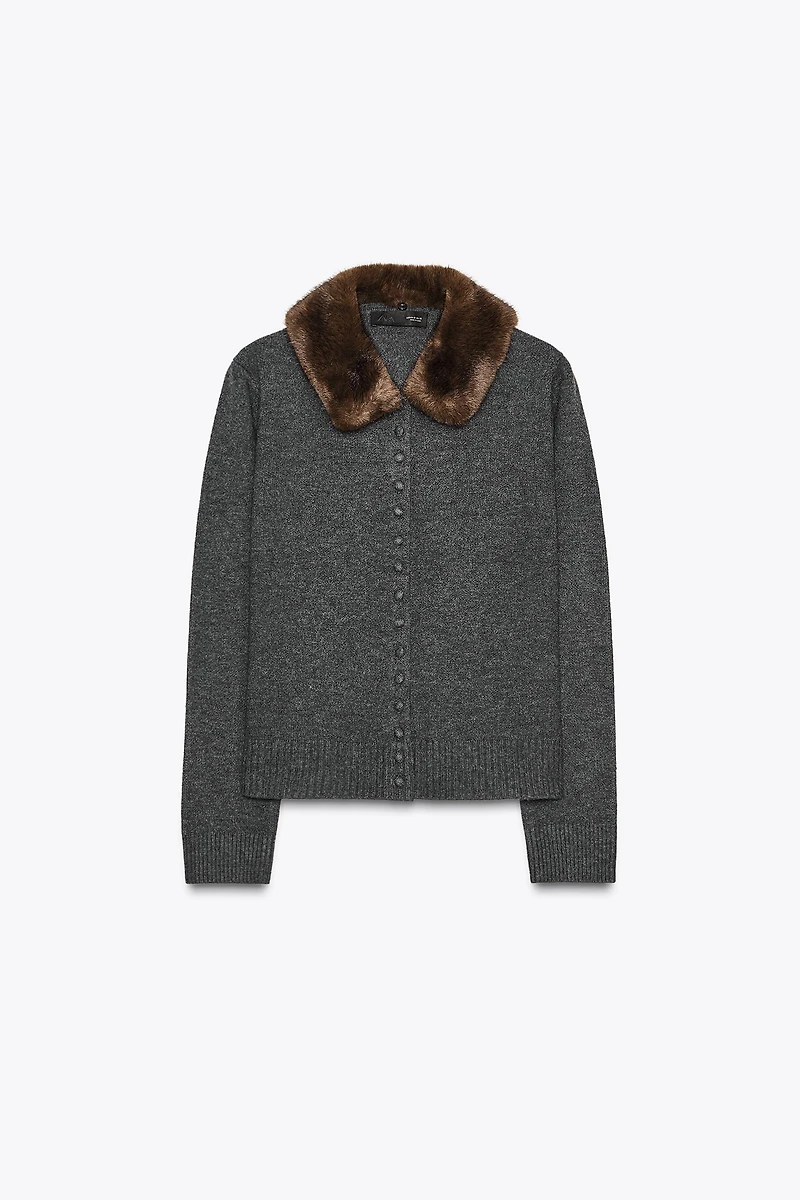 FAUX FUR LAPEL KNIT CARDIGAN