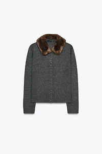 FAUX FUR LAPEL KNIT CARDIGAN