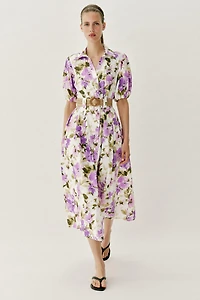 FLORAL PRINT BELTED MIDI DRESS