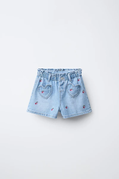 EMBROIDERED CHERRY PAPERBAG DENIM SHORTS