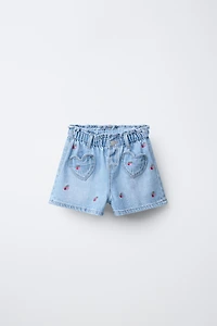 EMBROIDERED CHERRY PAPERBAG DENIM SHORTS